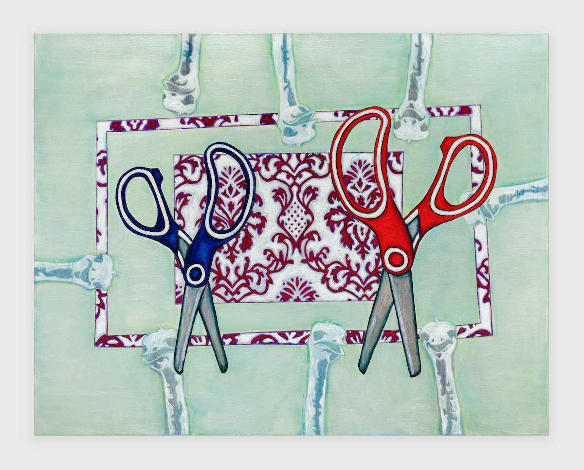 <i>Sandbox Cut-throats</i>, 2024. Ballpen, rabbitskinglue, pigments, Acrylic and oil on canvas, 90 1/2 x 70 7/8 in (230 x 180 cm)